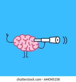 Brain with telescope. Vector concept illustration searching brain | flat design linear infographic icon on blue background