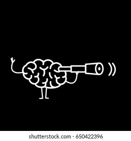 Cerebro con telescopio. Ilustración de concepto de Vector buscando cerebro | Icono de infografía lineal de diseño plano blanco sobre fondo negro