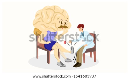 brain testing, a doctor checking knee jerk reflex for brain check up, brain cartoon and neurologist. vector illustration, flat design, each cartoon in separated layer.