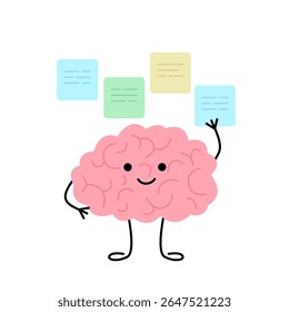 Brain think, brainstorm and multitasking, cute child character. Confused brain doubt over question, seek answer. Sticky with idea. Vector illustration
