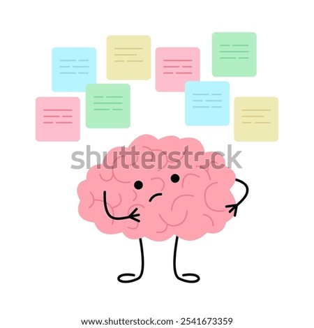 Brain think, brainstorm and multitasking, cute child character. Confused brain doubt over question, seek answer. Sticky with idea. Vector illustration