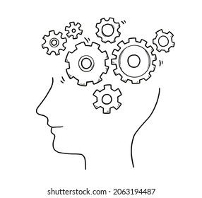Brain think, brainstorming concept. Doodle sketch style mind gear mechanism. Symbol of intelligent, creative process, idea background. Education concept vector illustration.