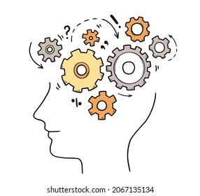 Brain think, brainstorming concept. Doodle sketch style mind gear mechanism. Symbol of intelligent, creative process, idea background. Education concept vector illustration.