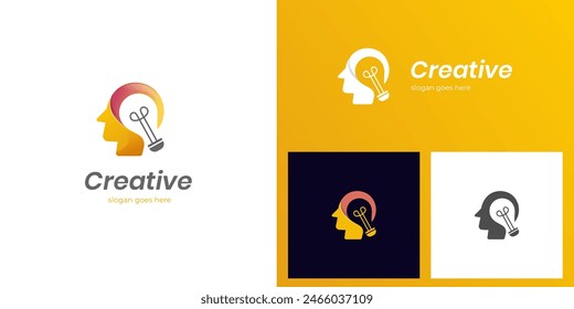 Cerebro piensa con el diseño creativo del logotipo del bulbo, la cabeza de la gente con el símbolo del elemento gráfico del bulbo de luz para el logotipo del hombre de investigación, Plantilla del logotipo del Vector de la lluvia de ideas