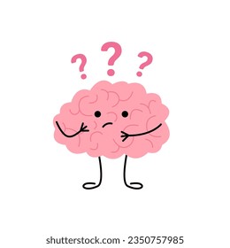 Brain think, doubt over question, cute child character. Confused brain, seek answer. Vector illustration