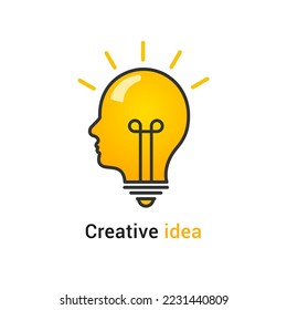 Brain think idea mind bulb head vector icon. Man face human head creative idea symbol