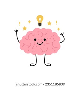 Brain think, light bulb as idea, cute child character. Happy brain learn and finds solution. Vector illustration