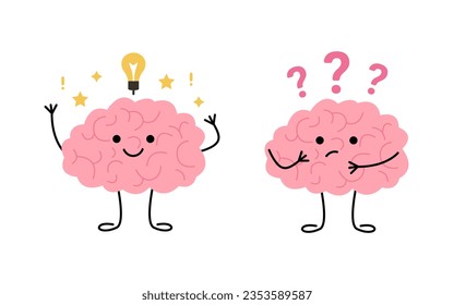 Brain think, light bulb as idea and doubt over question, cute child character. Happy brain learn and finds solution. Confused brain, seek answer. Vector illustration