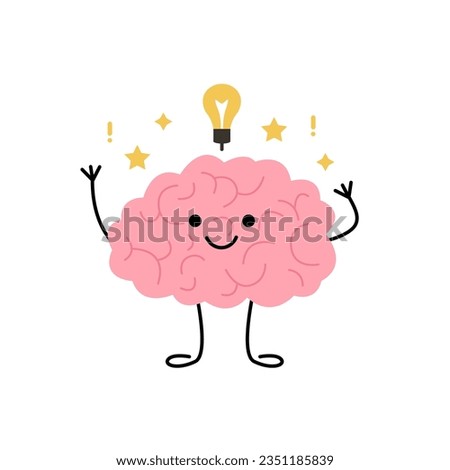 Brain think, light bulb as idea, cute child character. Happy brain learn and finds solution. Vector illustration