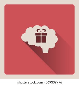 Brain thinking about a gift illustration on red background with shade