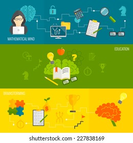 Brain thinking banner flat set with mathematical mind brainstorming education isolated vector illustration