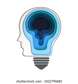 Brain thinking business creative idea concept.Paper carve of human head with getting idea from light bulb paper art style.Vector illustration.