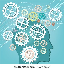 Brain and thinking of head and gear concept