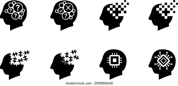 Brain thinking human memory puzzle head icon set