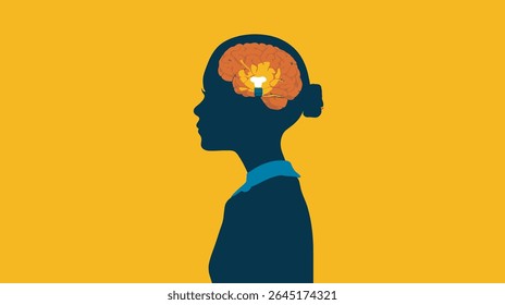 Lâmpada de pensamento cerebral ilumina cabeça silhueta conceito fundo amarelo