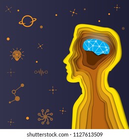 Brain thinking Paper cut out layer art style night background vector illustration