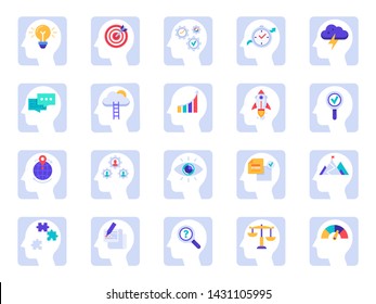 Brain thinking process icons. Business idea, success solution in businessman head and human brains psychology. Personality meditation psychology brain knowlegde training. Isolated flat sign vector set