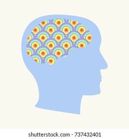 Brain thought concept. Stock vector illustration of human head silhouette with a rainbow colored circles.