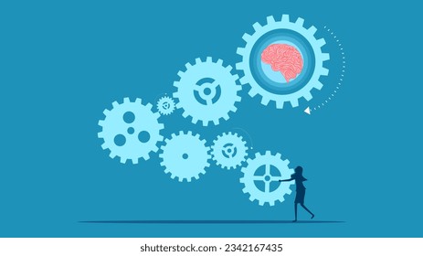 Brain thought processes. woman connecting brain gears