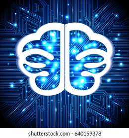 Brain, thoughts,circuit board background with glowing lines with dots, concept of thinking, visualization of human thinking.  