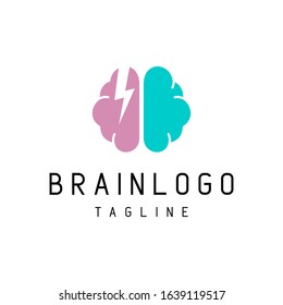 Brain and Thunderbolt, Flash or Lightning Logo Design Vector