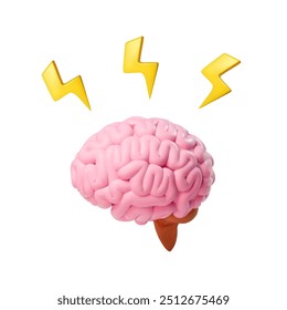 Brain with thunderbolt flashes. Brainstorming creative idea. Human Brain and lightning bolt Vector 3d cartoon icon illustration isolated