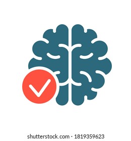 Brain with tick checkmark colored icon. Healthy internal organ symbol