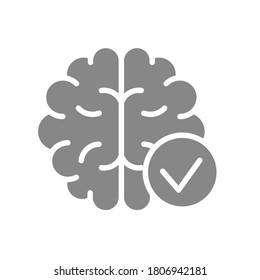 Brain with tick checkmark gray icon. Internal organ symbol