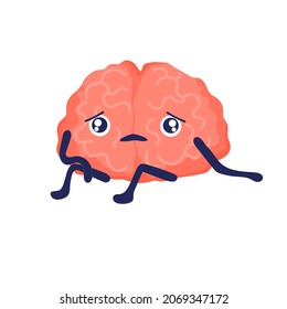 Brain Tired. Depressive Cartoon Sad Brain. Apathy And Fatigue, Burnout. Lovely Internal Organs. Stock Vector Illustration Isolated On White Background.