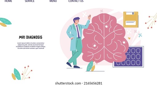 Pancarta del sitio web del examen de tomografía cerebral y resonancia magnética. Banner de la prueba de diagnóstico de resonancia magnética o interfaz del sitio web. Neurología y medicina del sistema nervioso, tratamiento de enfermedades cerebrales y terapia.
