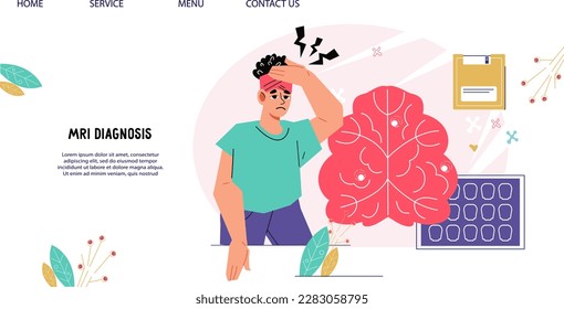 tomografía cerebral y planilla de banner del sitio web de resonancia magnética, ilustración vectorial plana. Diagnóstico de enfermedades cerebrales, exploración de rayos X y concepto de neurología de la página web.