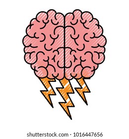 brain in top view with lightnings in colored crayon silhouette