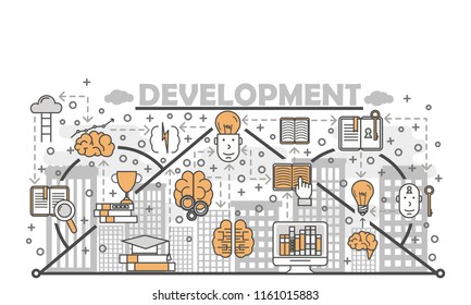 Brain training, brainstorming, innovation, creative thinking poster banner template. Development concept vector thin line art flat style design elements, icons for website banner and printed materials