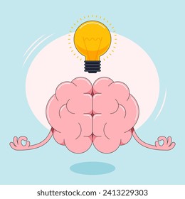 Brain training and with cartoon character doing meditation and light bulb flat design style. Creative idea concept, vector illustration