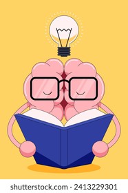 Brain training and with cartoon character reading a book flat design style. Creative idea concept, vector illustration