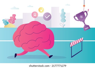 Brain training. Concept of intelligence development and iq increase. Character overcomes difficulties on way to victory. Organ motivated by a prize runs on running track. Flat vector illustration