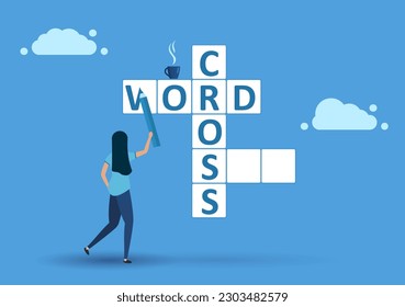 Brain Training crossword. Puzzle Solving Concept. People Have Fun Thinking on Riddle, Logic Game. Cartoon Vector Illustration