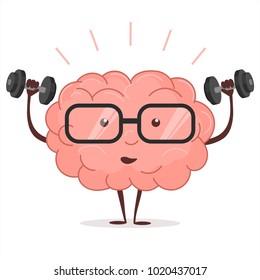 Brain training with dumbbells and glasses on white background, human train intellect, mind workout, knowledge fitness exercises, lifting weights, cartoon education and Brainstorm concept. Vector