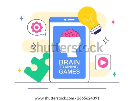 Brain Training Games Vector Illustration featuring People Having Fun with Riddles, Crosswords, Logic Game, and Puzzle Solving in a Flat Background