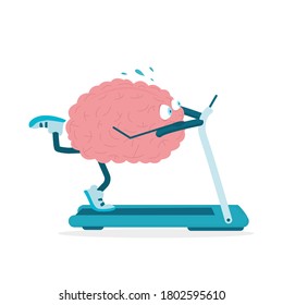 Brain Training. Illustration Of Overworked Brain Character Exercising Running On Treadmill On White Background. Square, Vector