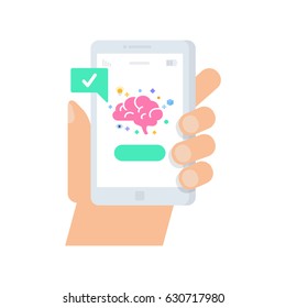 Brain training online education, mobile app vector illustration of a hand holding smartphone