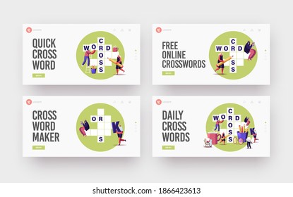 Brain Training, Puzzle Solving Landing Page Template Set. Tiny Characters Solve Huge Crossword. Spare Time Recreation, People Have Fun Thinking on Riddle, Logic Game. Cartoon Vector Illustration