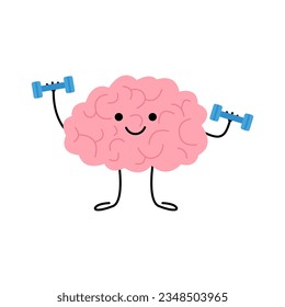 Brain training, sport, doing exercise in education, cute character. Mind power. Brain character lifting dumbbells. Vector illustration