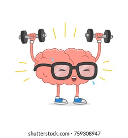 Brain training vector illustration. Cartoon brain with glasses lifting weights, isolated on white background
