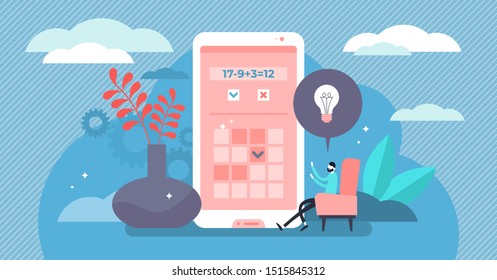 Brain training vector illustration. Flat tiny puzzle application persons concept. Brain development app with educational riddles, tasks and calculations as fun math learning. Online learning software.