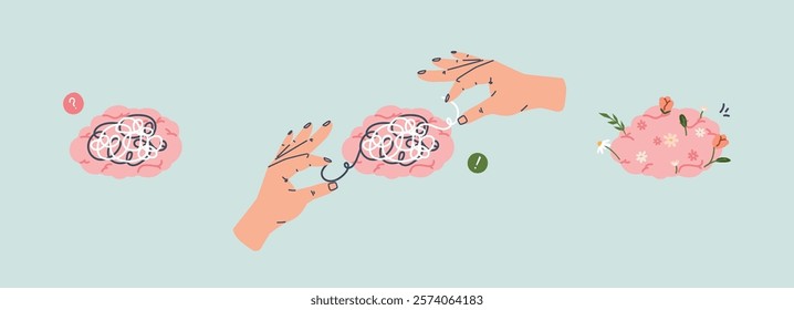 Brain transformation simply concept. Overloaded confusing solution, searching for answers to questions. Psychology or therapy support, calm mind, vector scene