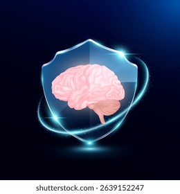 Brain in translucent glass shield modern. Surrounded by glowing ring safety guardian. Human anatomy organ on blue background. Medical health care immunity and protection concept. Vector EPS10. - Powered by Shutterstock - Get 15% off with code: PIKWIZARD15