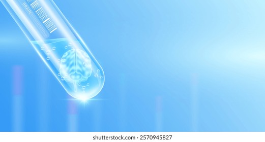 Brain transparent and molecule in glass test tube with empty space for text. Human internal organ anatomy sample science research experiment. Medical scientific concept. Banner vector.