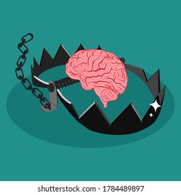 The brain is trapped. The brain is in a trap. Unthinkable. vector illustration