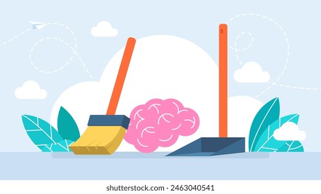 Brain, trash, broom, scoop. Getting rid of bad thoughts, mental and psychological hygiene. Meditations for detoxification and therapy with psychotherapist to help cleanse brain. Vector illustration